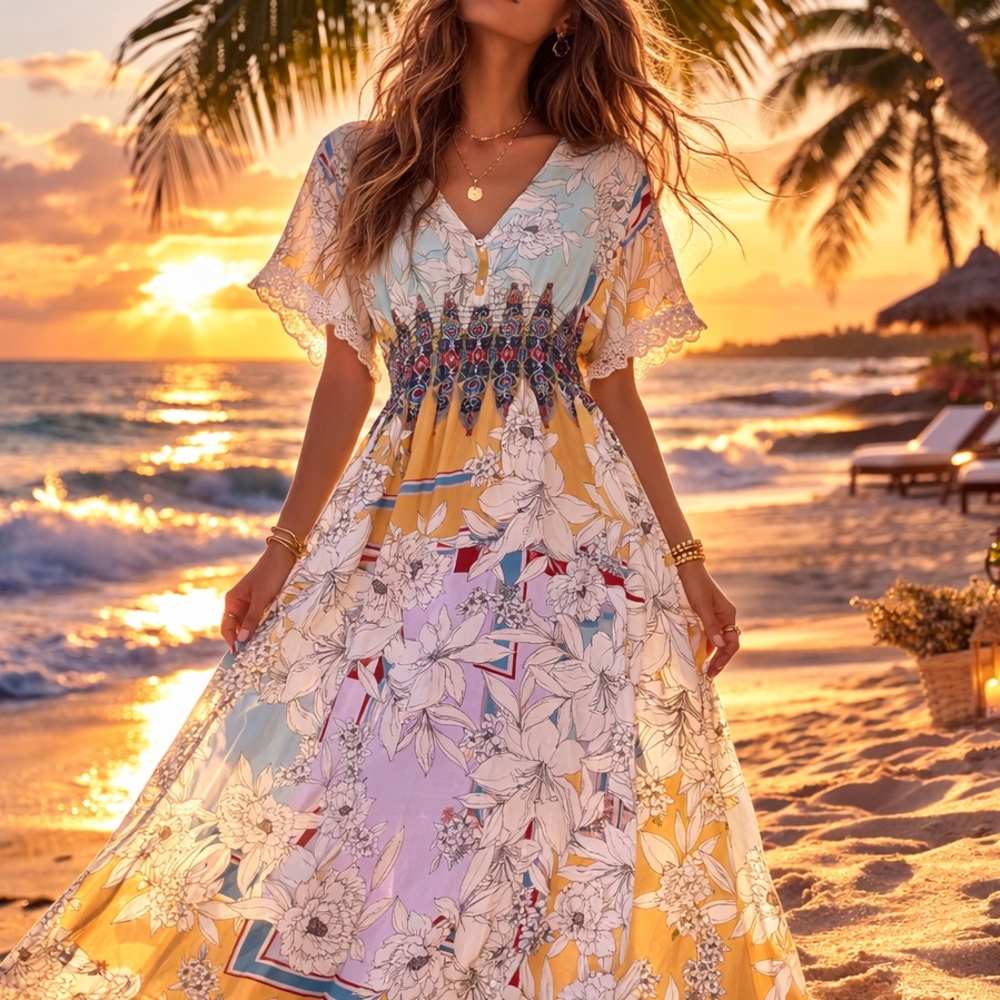 Johnny Was 100% Silk Size L Kaftan Dress Floral Maxi Boho Cover Up Relaxed Fit
